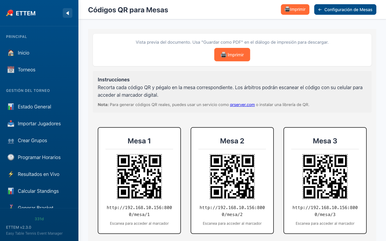 Codigos QR generados para cada mesa del torneo